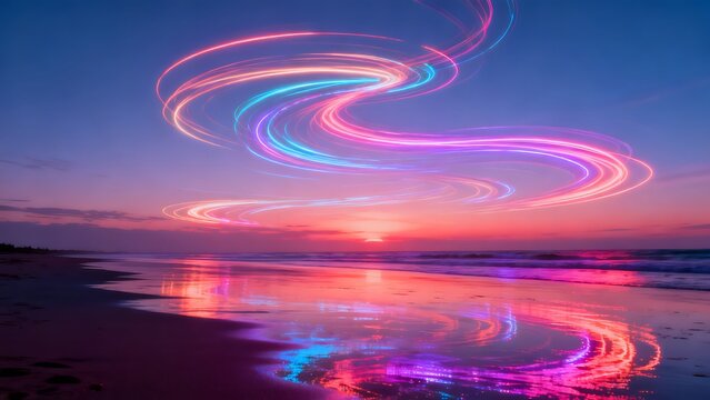 Beach sunset with colorful light trails