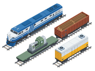 An isometric view of a classic train engine alongside cargo and freight cars, showcasing the transportation of materials and goods, set in a clean, colorful design. © Miao