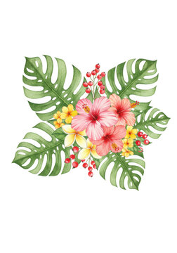 Vibrant tropical flowers with lush green leaves arrangement isolated on transparent background