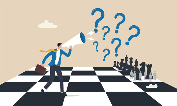 Decision makin figure businessman thinking and standing on chessboard looking at black chess enemy in far background