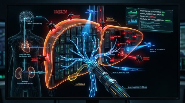 Liver anatomy and hepatitis virus infection apt medical concept with human body and organ details on screen