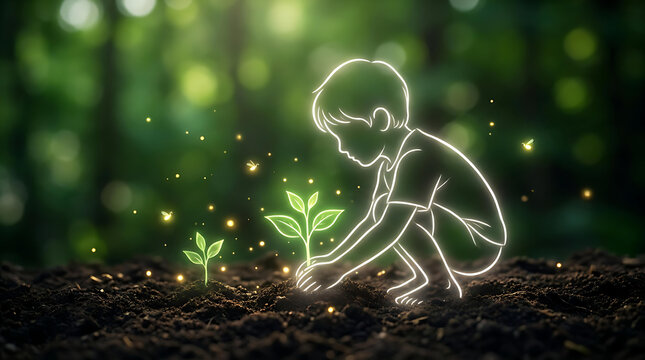 Glowing Digital Outline of a Child Planting a Magical Sapling in the Forest