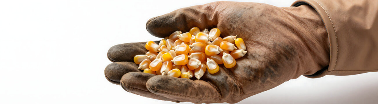 gentle wrinkles worn leather gloves cradle profuse cluster golden corn kernels weathered hands subtle age spots soft diffused