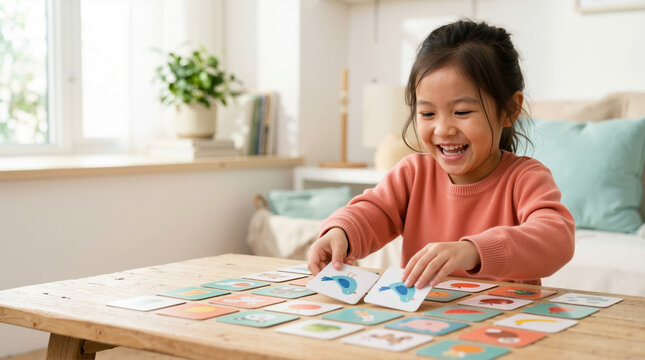 Young girl playing a memory matching game with cards. Happy child learning through play at a wooden table. Educational activity and cognitive development concept