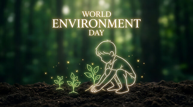 World Environment Day Concept with Child Planting Trees in Green Forest