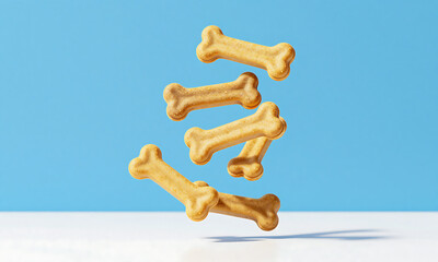 Fototapeta premium golden dog treats suspended form whimsical spiral pattern bright clear blue studio backdrop soft
