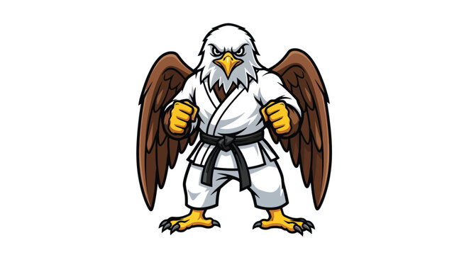 Eagle in karate gi with black belt standing in a powerful pose.