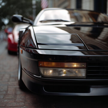 Editorialaufnahme eines klassischen Ferrari Testarossa Sportwagens in urbaner Umgebung &ndash; italienischer Luxus, Retro-Supersportwagen und ikonisches Automobildesign