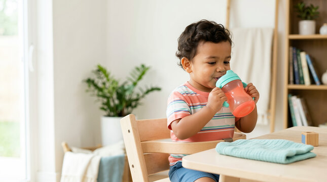 Toddler boy drinking from a sippy cup independently. Child sitting in high chair at home. Early childhood development and self-feeding concept
