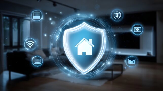 A glowing blue digital shield representing cybersecurity and smart home technology with integrated network icons and augmented reality overlays