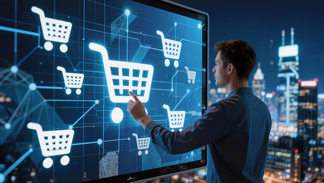Virtual shopping carts and touchscreen interaction symbolizing innovative e-commerce systems and connected digital marketplace technology. Businessperson interacting with virtual shopping.