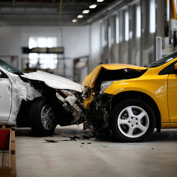 Simulierter Autocrash im Testzentrum &ndash; Fahrzeugkollision f&uuml;r Sicherheitsforschung, Versicherung, Crashtest und Analyse moderner Fahrzeugsicherheit mit Copyspace