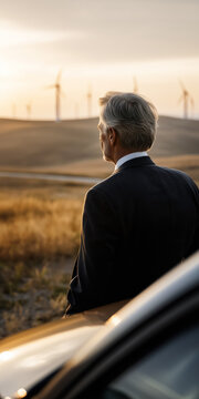 Gesch&auml;ftsmann blickt auf Windr&auml;der bei Sonnenuntergang neben Elektroauto &ndash; nachhaltige Energie, Elektromobilit&auml;t, Business und Zukunftstechnologie mit Copyspace