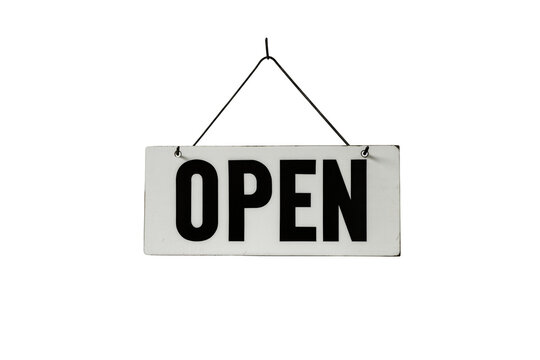 Isolated distressed wooden open sign hanging for a shop or small business entrance