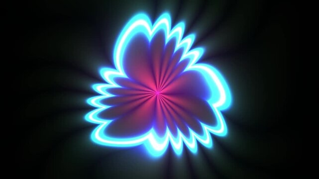 Abstract neon blue flower shape pulsing with pink light on black background