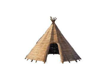 Isolated traditional handmade woven reed tipi or wigwam shelter for indigenous dwelling © Lucas