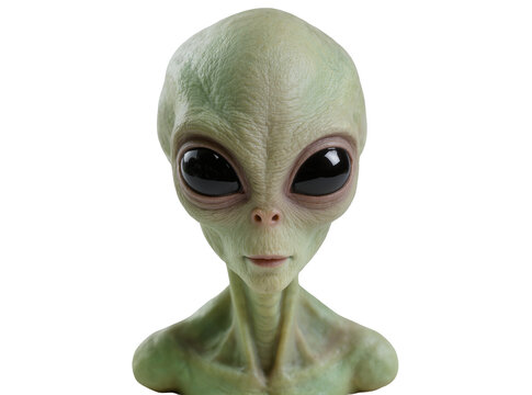 Isolated detailed realistic alien head and torso with green skin and large black eyes.