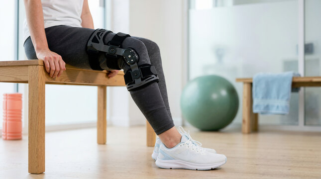 Person wearing an orthopedic knee brace for injury recovery. Patient sitting on a bench in a physical therapy clinic. Joint support and rehabilitation concept