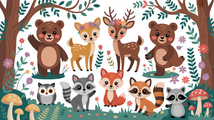 Obraz premium Cute woodland animals set with bears, deer, foxes, raccoons and owl