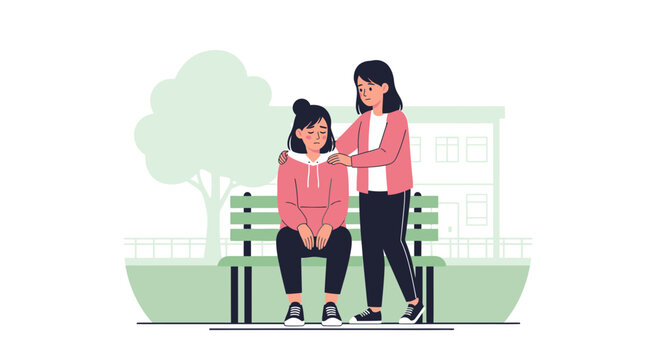 Woman comforting sad friend sitting on park bench, emotional support, empathy, friendship