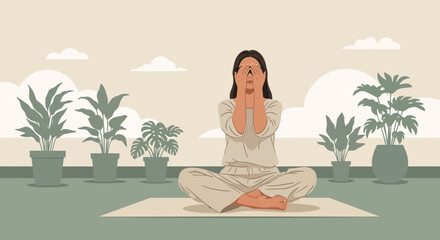 Fototapeta premium Woman meditating in lotus pose on yoga mat with plants, practicing mindfulness and relaxation.