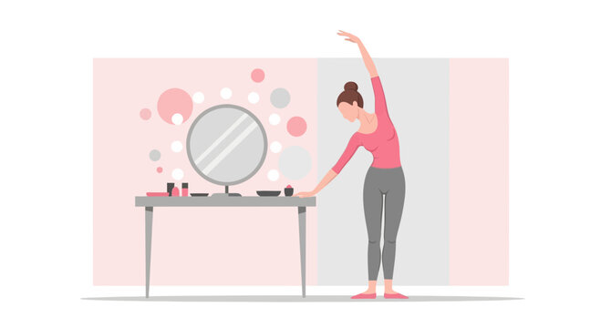 Woman stretching and doing makeup at vanity table with mirror in pastel room