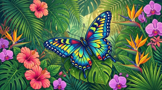Illustration of open colorful exotic batterfly over flowers