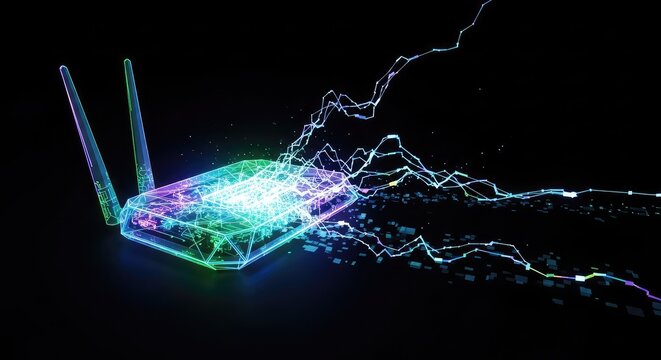 An abstract glowing router emits fractured light waves and pixelated distortions against a dark background, depicting digital connectivity lag, hardware, visual, pixelated
