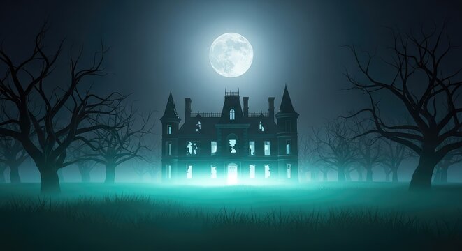 An eerie luminous mist floats toward a derelict spooky manor beneath a bright full moon in a foggy dark night forest with dead trees, ethereal, ominous, haze