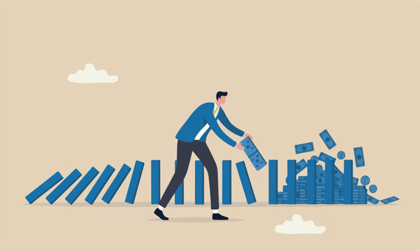 Risk management disaster or crisis, leadership to avoid losing money, problem and failure concept, smart businessman company leader remove domino to stop domino effect collapse