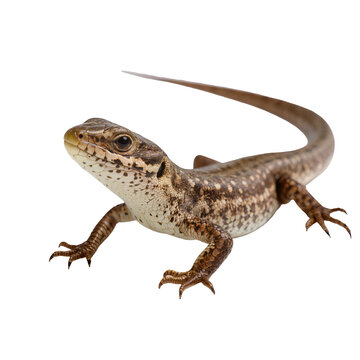 Isolated brown spotted common lizard, full body portrait of wild reptile looking up