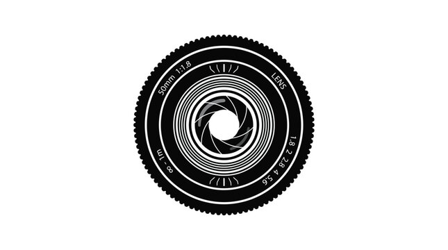 Camera lens silhouette with aperture black on white background