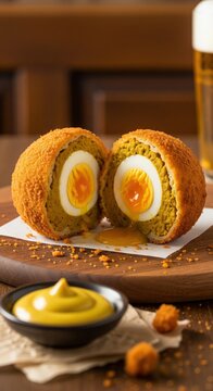 Traditional Dutch deep fried eierbal snack cut in half with runny yolk and mustard on wood