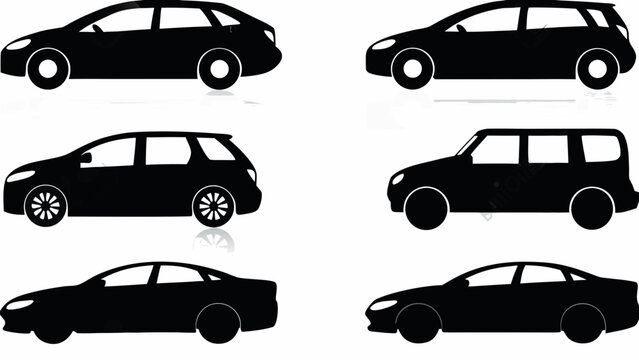 Six different car silhouettes in various models on transparent background