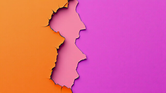 Abstract layered background with striking contrast of torn orange peeling back to expose bright pink and rich magenta textures, creating intriguing visual design.