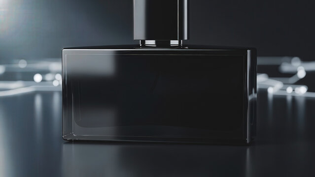 elegant rectangular black glass perfume bottle mockup sitting on a dark reflective surface with blurred light bokeh in the background.