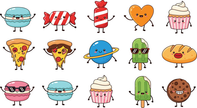 Cute dessert and snack character vector set with funny faces, sweets, pizza, cupcake, and cookie mascots