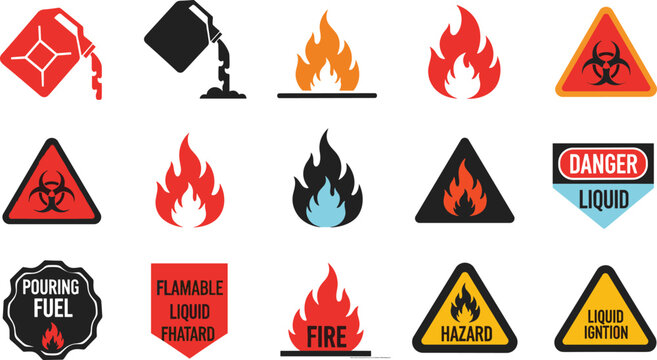 Flammable Liquid Fire Hazard and Danger Warning Vector Icon Set Isolated on White