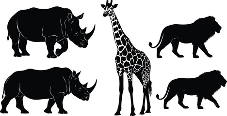 African Wildlife Silhouette Vector Set Featuring Rhinos, Giraffe, and Lions for Safari and Nature Design Projects © MdSazzad