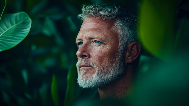 Ruggedly handsome man with striking blue eyes and distinguished grey beard gazes contemplatively amidst vibrant, dark green jungle, embodying natural wisdom and tranquility.