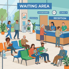 Naklejka premium A vibrant illustration depicting a diverse group of patients, families, and dedicated healthcare staff within a bustling modern clinic waiting area