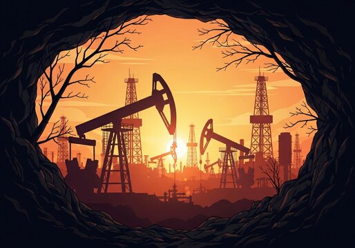An illustration of oil pumps at sunset through a cave entrance with trees