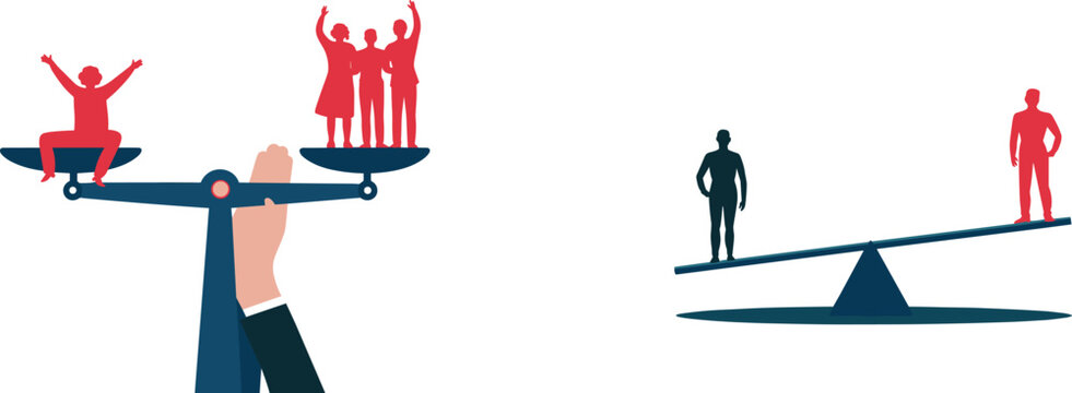 Vector illustration of scales and seesaw conceptualizing equality inequality human rights justice social balance and comparison of people