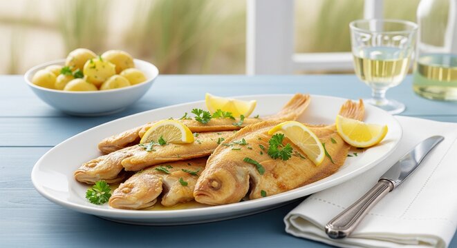 Pan fried dover sole served with lemon slices parsley and boiled potatoes on blue table