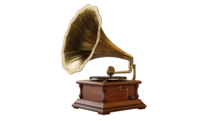 Fotobehang Vintage Isolated retro gramophone music player with an elegant brass horn and antique wood cabinet  © Lucas
