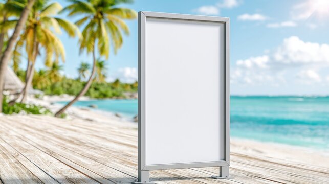 Colorful summer sale billboard mockup standing on wooden deck near tropical beach with palm trees and clear blue ocean in the background