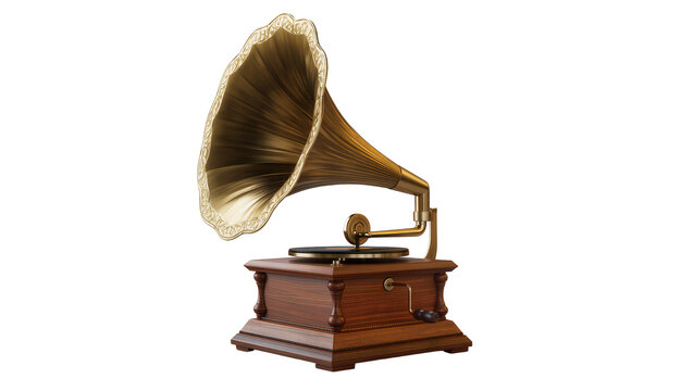 Isolated retro gramophone music player with an elegant brass horn and antique wood cabinet