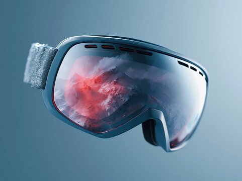 Modern ski goggles reflecting a dramatic mountain landscape with red hues