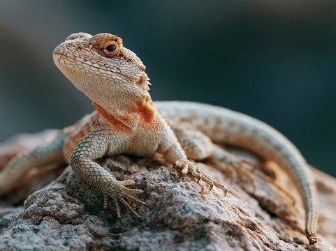 Close-up of a spiny-tailed lizard basking on a textured rock surface