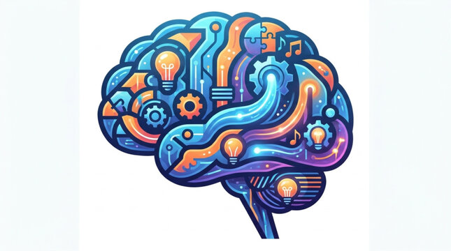 Abstract brain illustration with gears and lightbulbs symbolizing ideas and intelligence.